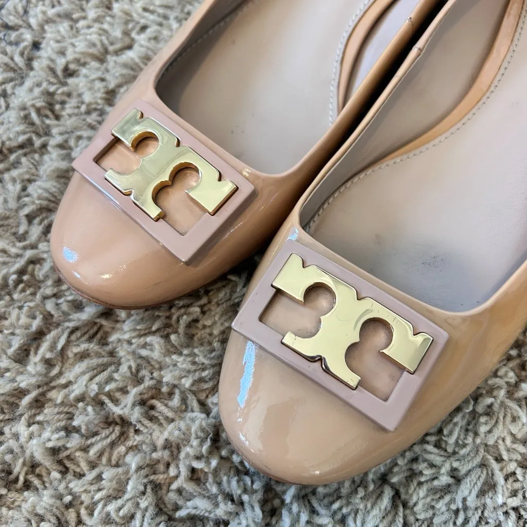 TORY BURCH Gigi Flats Pumps in Nude Women's Size 9.5 Block Heel Patent Leather - Image 8