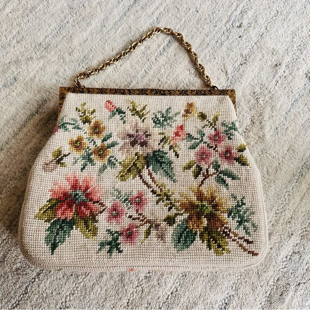 Vintage Beaded Needlepoint Handbag Gold - Image 2