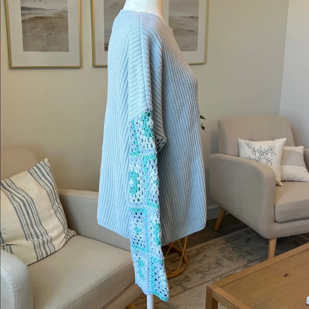 Le Lis Granny Square Crochet sleeve Oversized Boxy Pullover Sweater Light Blue - Image 4