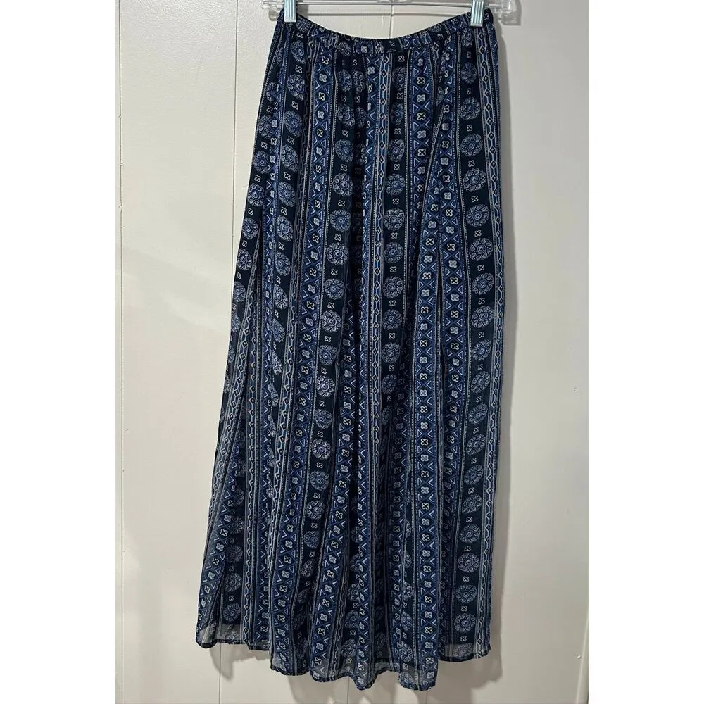 Hollister Boho Maxi Skirt Small Blue Geometric Floral Print Flowy Summer Beach S - Image 2