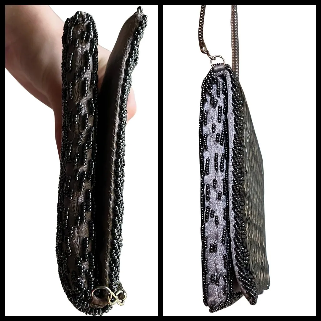 Vintage Gunmetal Beaded La Regal Evening Bag Clutch Shoulder Chain Silver Deco - Image 9