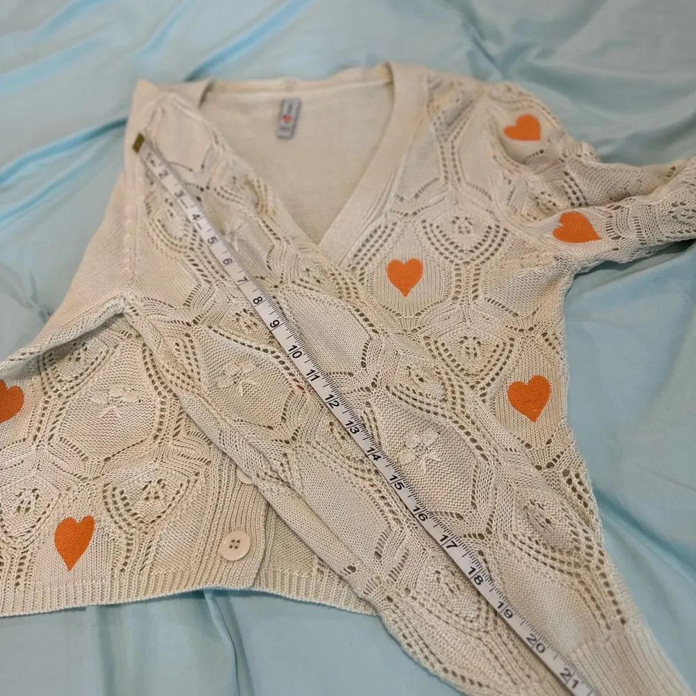 Blue Steel Medium Cream Open Knit Button cardigan w/ Orange Embroidered Hearts. - Image 7