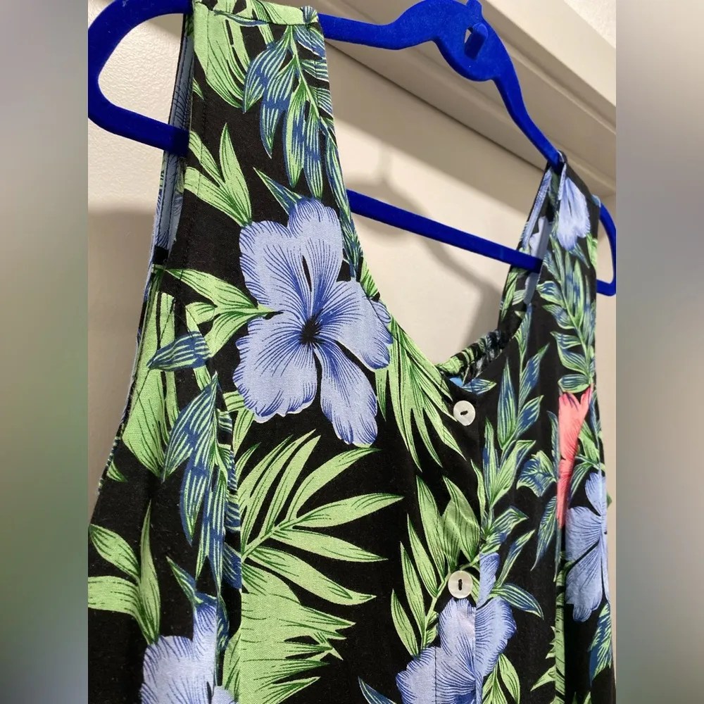 VTG 90s Koret Black Hawaiian Tropical Floral Button - Image 2