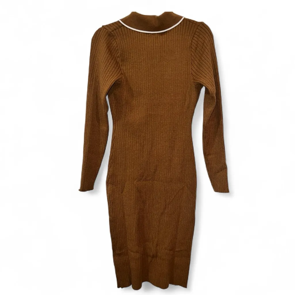 DRESSTELLS Long Sleeve V Neck Button Knit Pullover Sweater Dress Size Large NWT Brown - Image 3