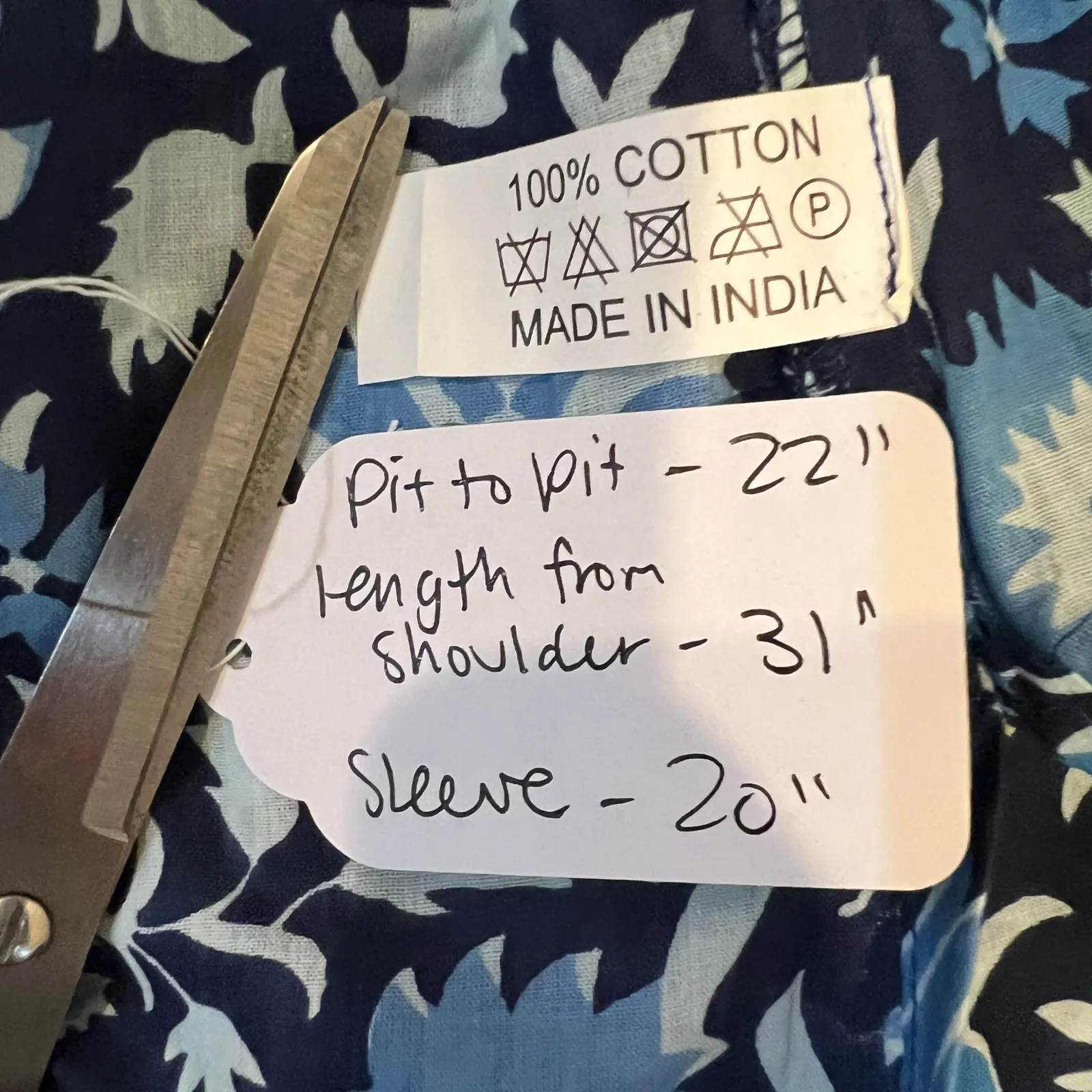 Dolma Cotton Lightweight Blue Floral Print Tunic Top India 3/4 Sleeve Size Large - Image 7