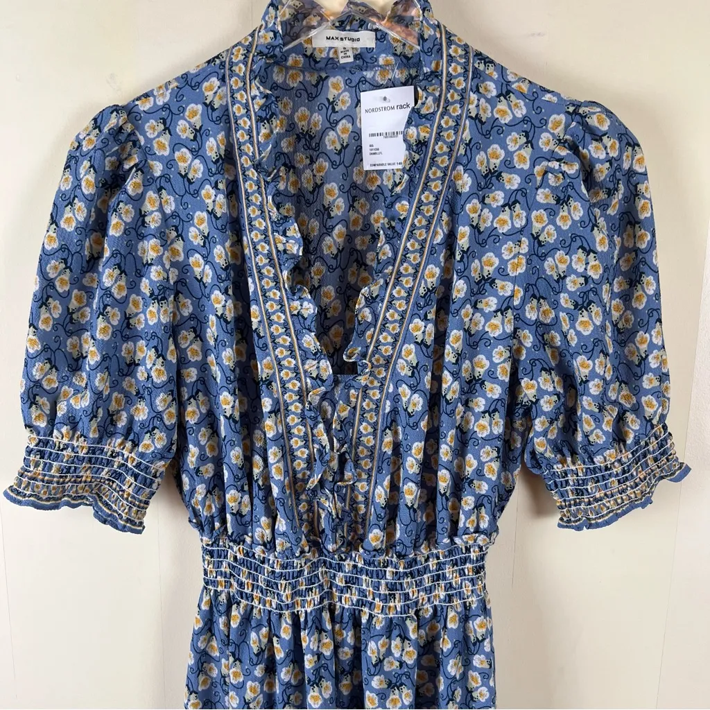 Max Studio V-Neck Puff Sleeve Tiered Dress Size Small Blue Floral Summer Maxi - Image 4