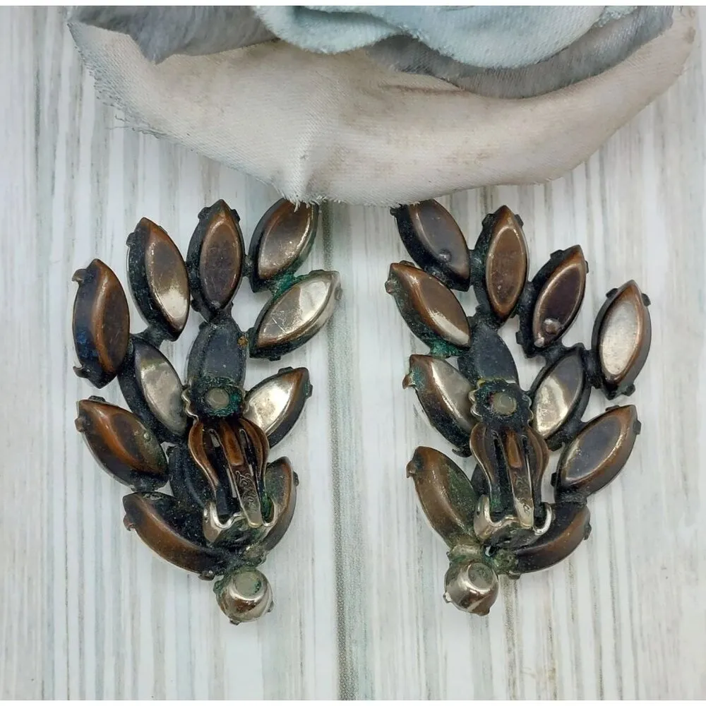 La Roco VINTAGE Milk Glass & AB Navette Crystal Clip On Earrings Large Climbers White - Image 3