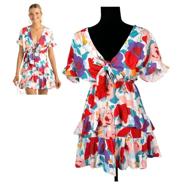 Petal + Pup Floral Tie Front Tiered Mini Dress Size 4 NEW with Tags - Image 2