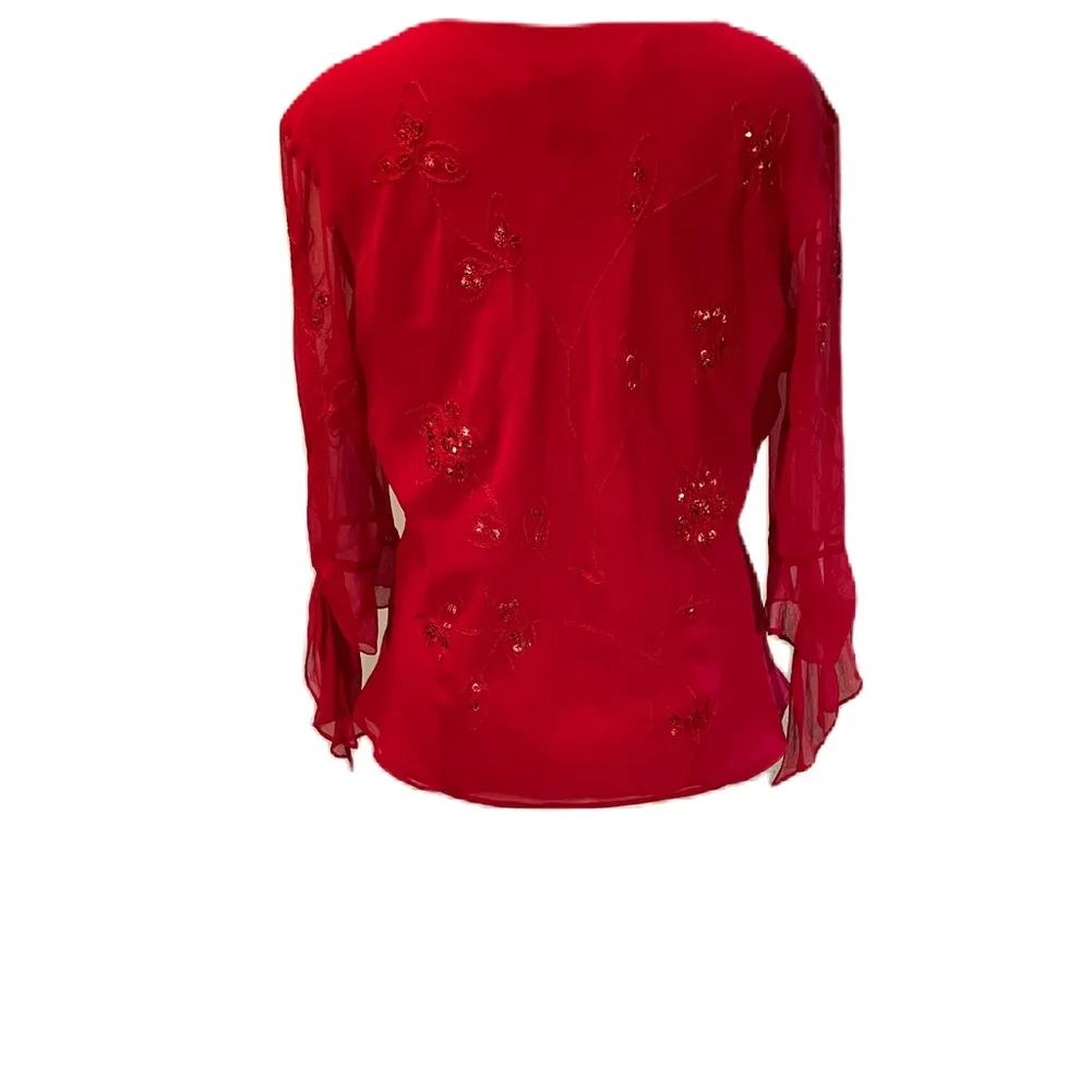 Red Ruffle Embroidered Floral Print with Sequins Lightweight M - Image 4