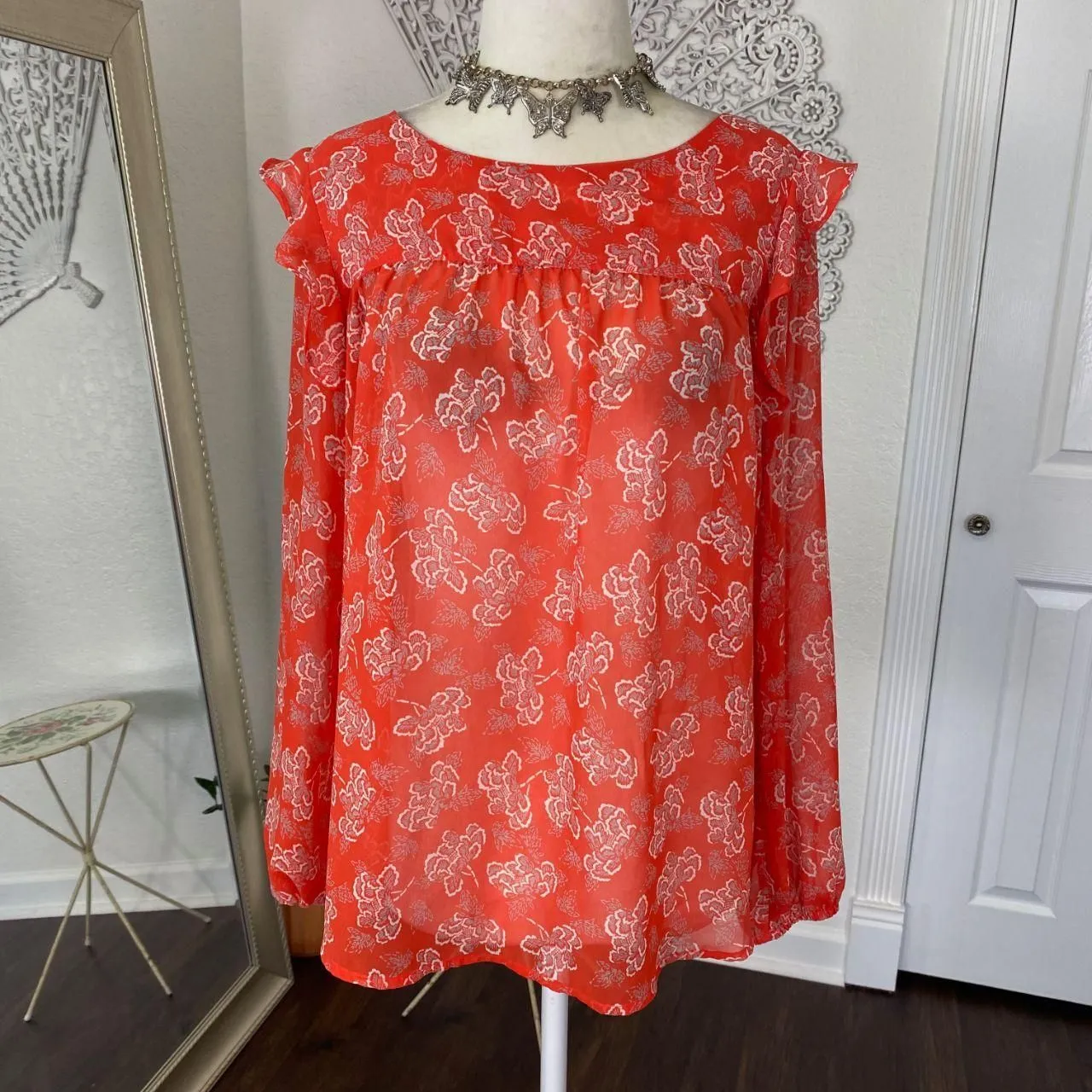 Boho Coquette Red White Micro Mesh Frilly Sleeve Sheer Blouse S - Image 5