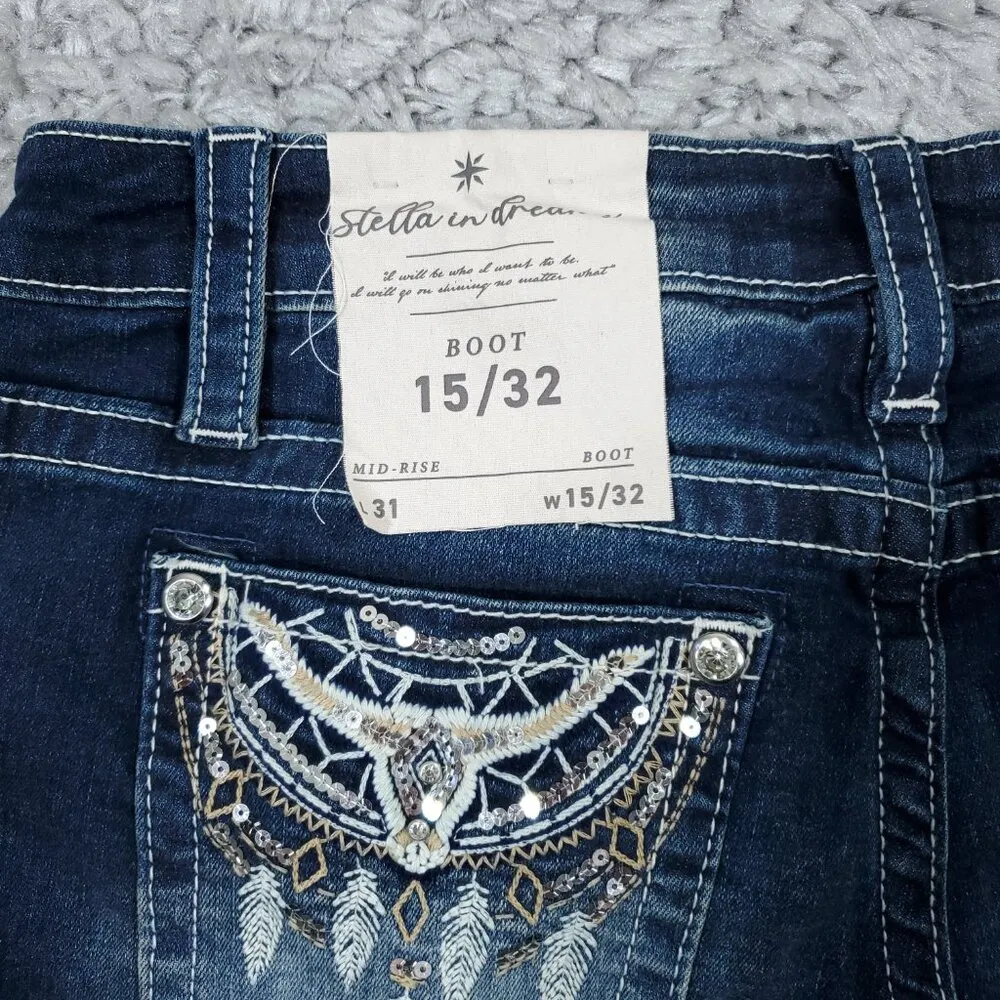 Stella in Dreams Mid Rise Boot Jeans Bootcut Sequin Bull Oxen Size 15 32 Blue - Image 4