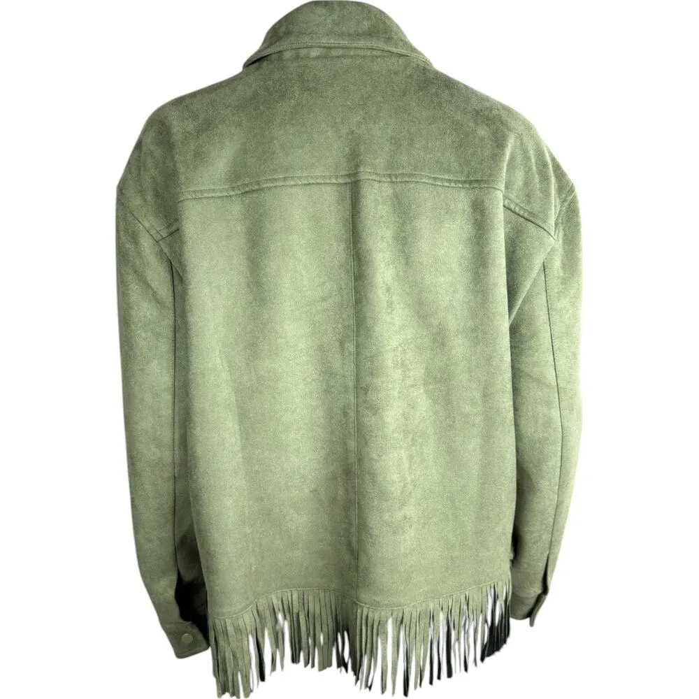 Denim & Co. Canyon Retreat Faux Suede Jacket with Fringe Desert Olive M NWOT - Image 2
