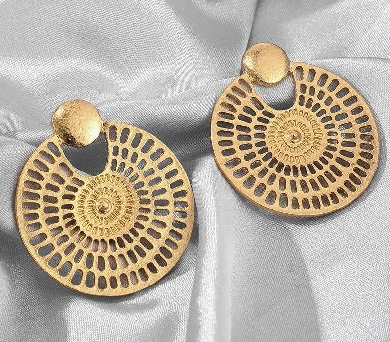 Hollowed Circle Round Stud Drop Earrings Gold - Image 2