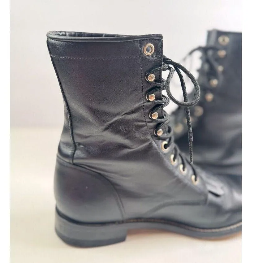 Justin Womens Boots Black Leather Combat Lace Up Kiltie Cowboy Romper US 6.5 - Image 8