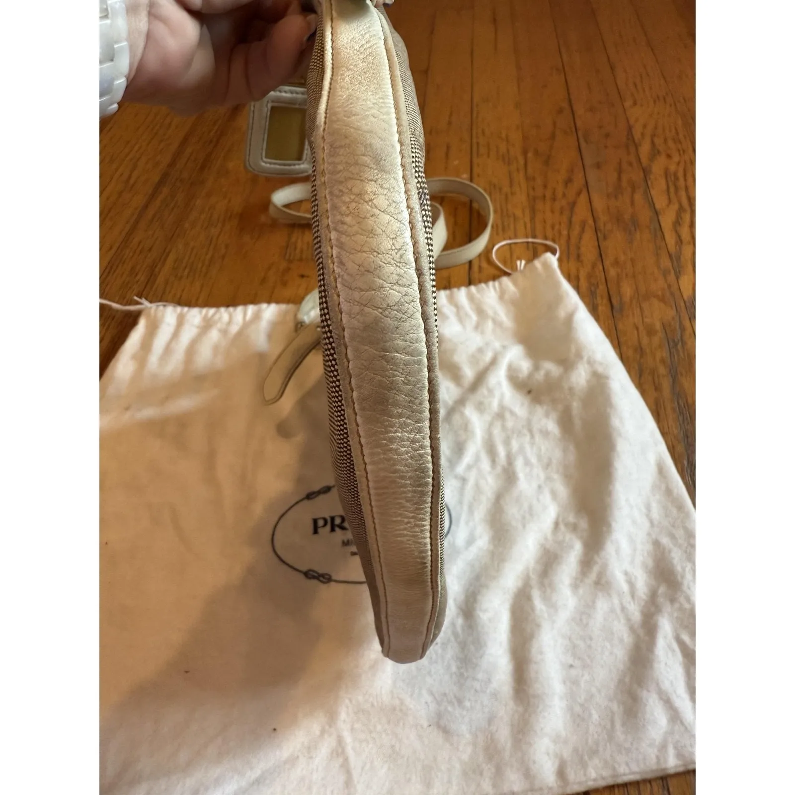 Vintage Prada Logo Jacquard Shoulder Bag Crossbody Womens Beige Italy BT0706 - Image 13