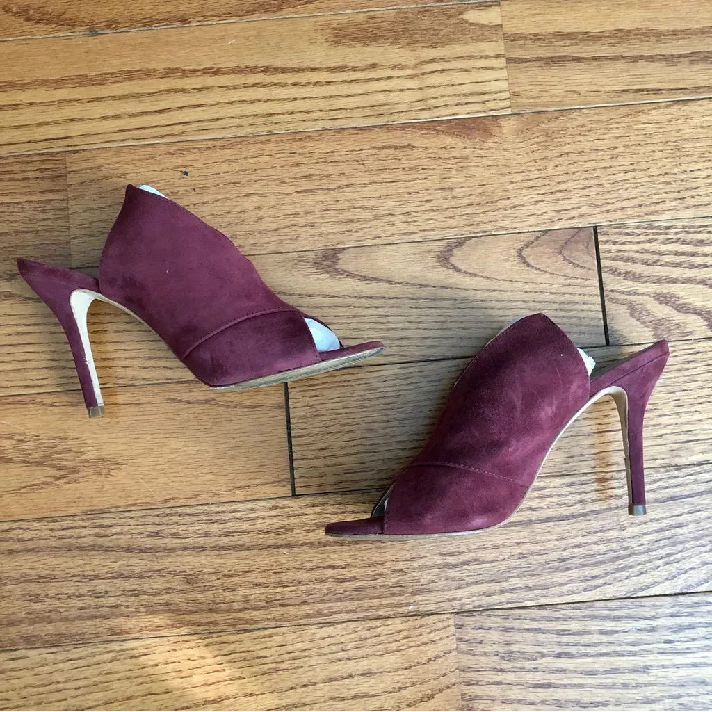 Trina Turk TARE Laguna Tawny Port Deep Burgundy Suede Mules Heels Women’s Size 8 - Image 12