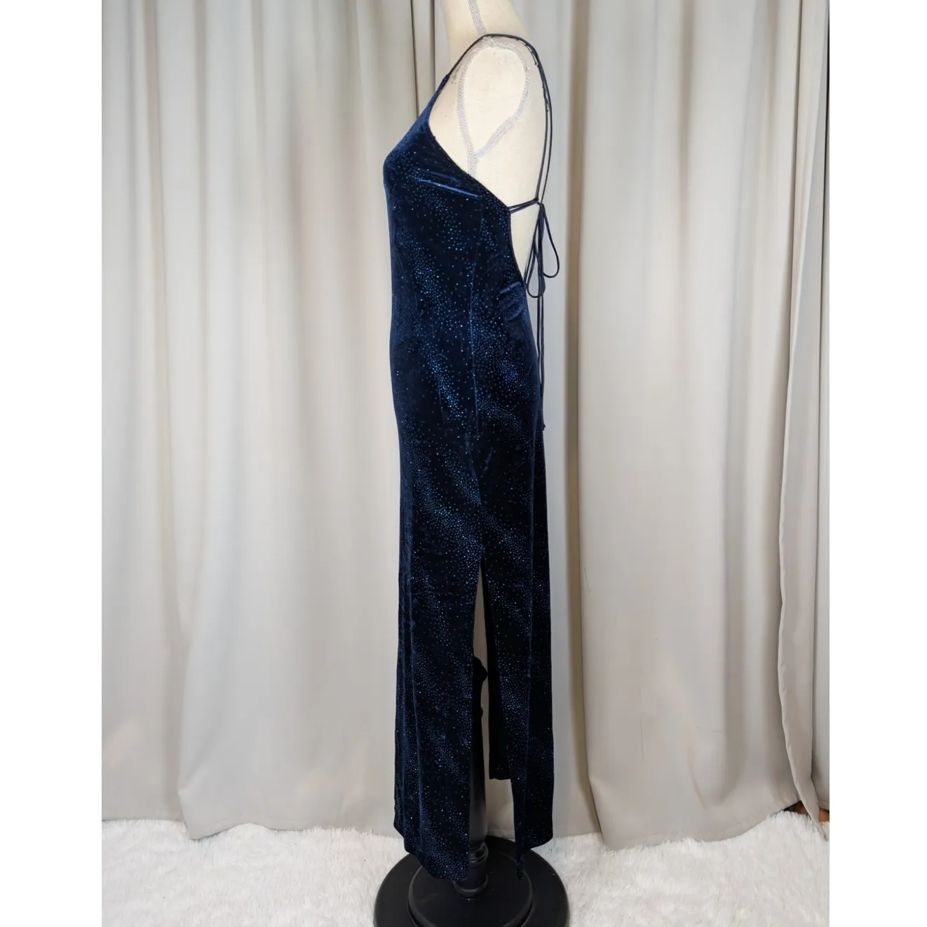 Vintage Y2K L.A. Glo Blue Velvet Maxi Dress – Open Back Tie, Glitter Dot - Image 14