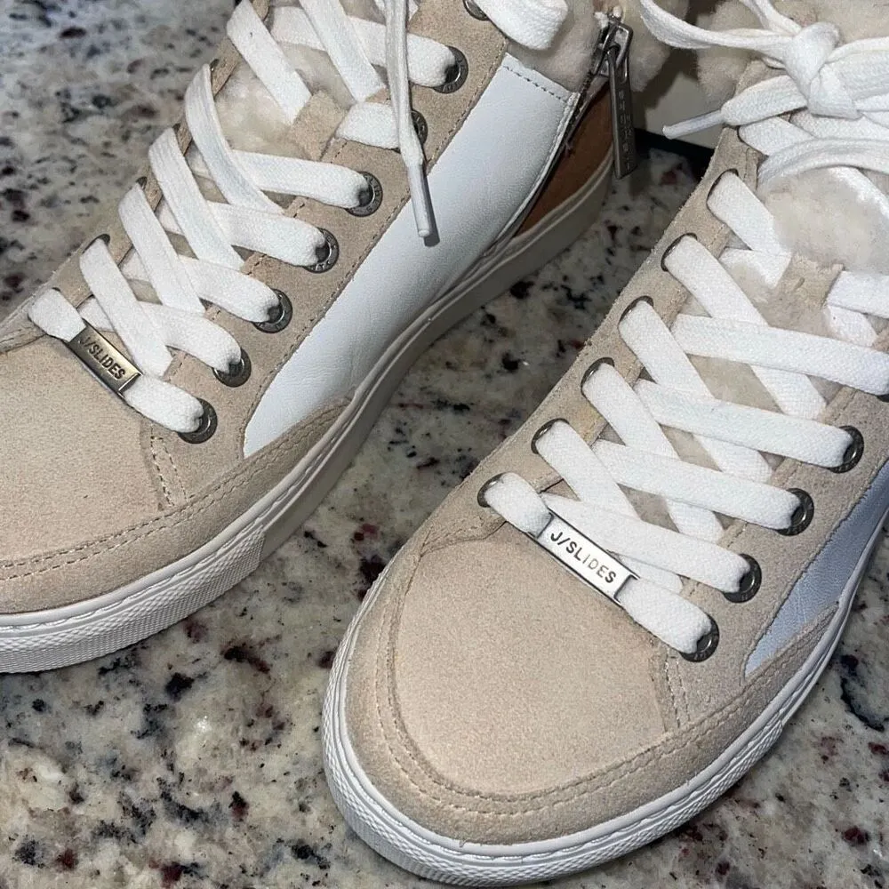 J/Slides Leslie Sheep‎ Hair Trimmed Leather Sneaker Shoes Size 6 Tan White - Image 5