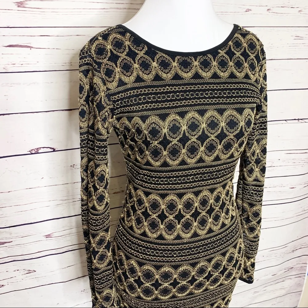 Black & Gold Metallic Long Sleeve Bodycon Dress Size Small - Image 6