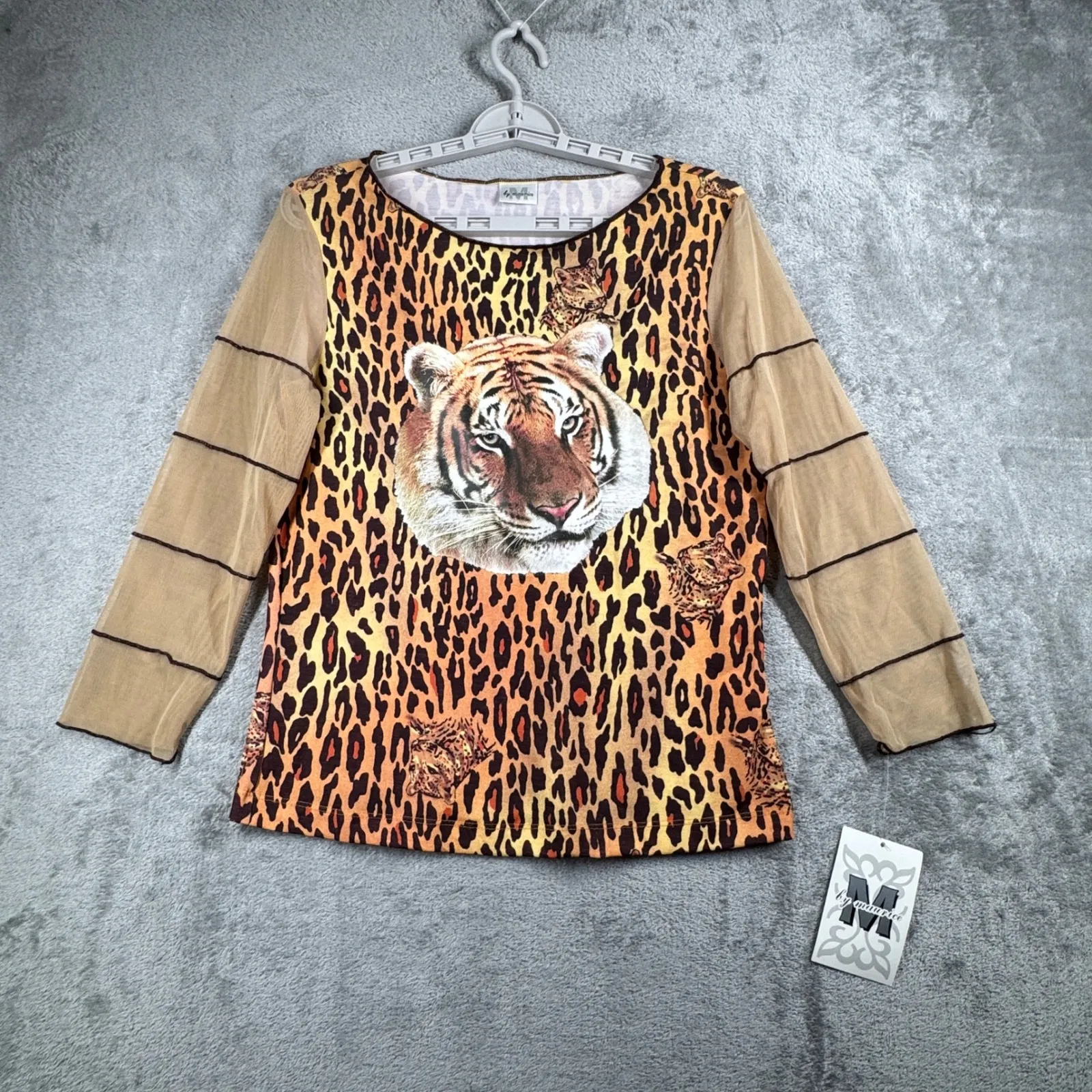 Vintage Y2K L Leopard Tiger Face Mesh Top Sheer Sleeve Maximalist 90s Clubwear Brown Size L - Image 2