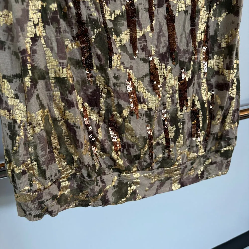 Y2K Shiny Camo Gold Cowl Neck Sleeveless Top Club Rayon Summer Print Top Medium - Image 4