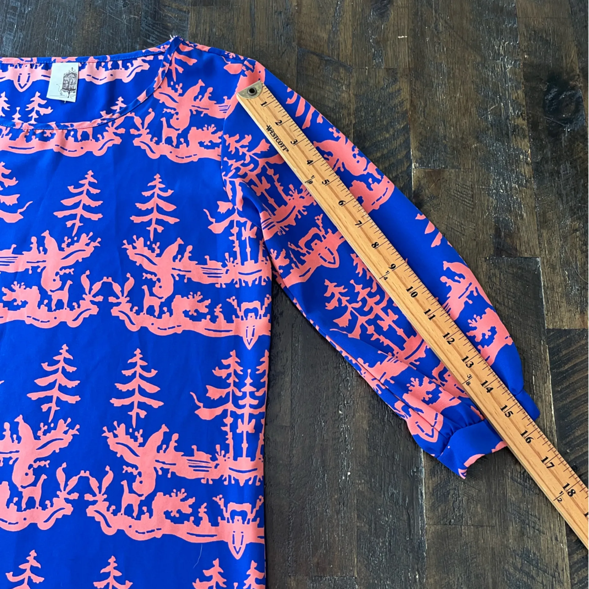 FRANCESCA’S Mini Shift Dress Abstract Trees Blue Pink Women’s Small - Image 10