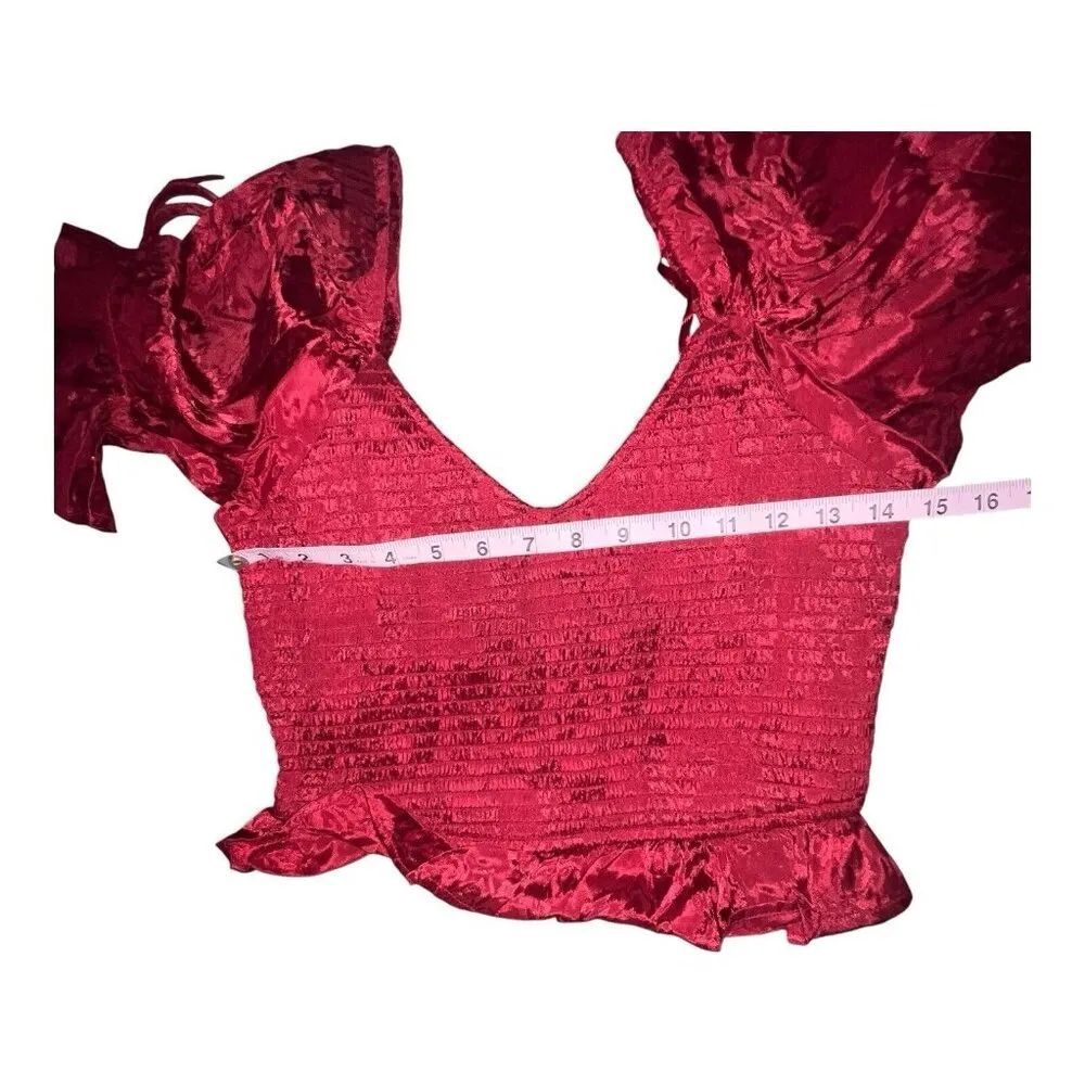 BOG Band Of The Free  LEA RHUBARB SMOCKED CROP TOP Medium Ruffle Red Puff Sleeve - Image 6