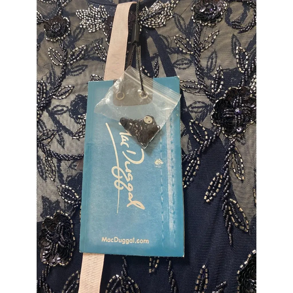 Mac Duggal Dress Womens 2 Navy Beaded Embroidered Long Sleeve Midi Formal 10799 - Image 4