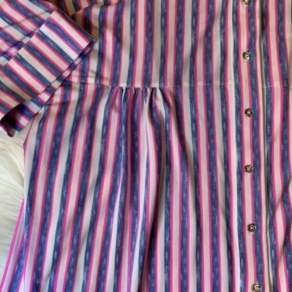 Nygard stretch striped button front tunic top roll tab sleeves size large - Image 9