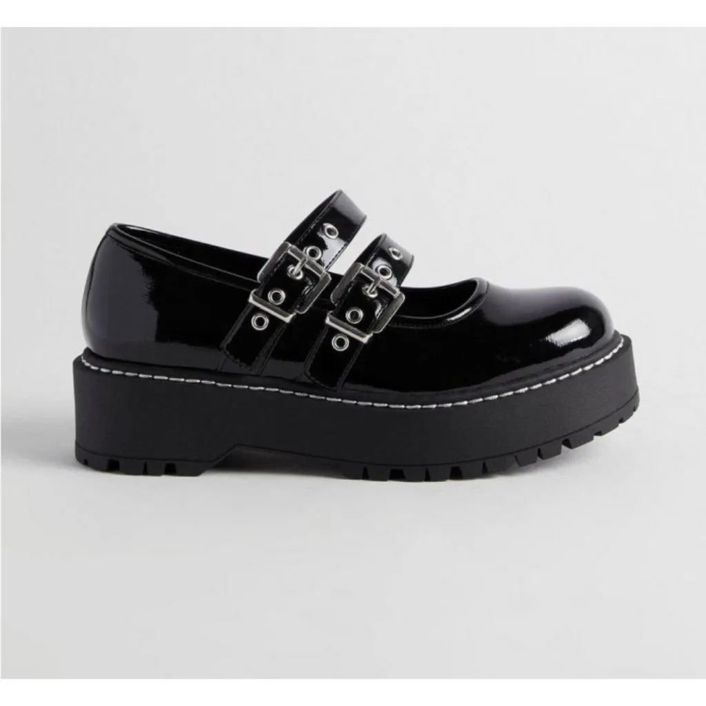 Torrid Double Strap Mary Jane Black Patent Faux Leather Edgy Chunky Lug Sole 6.5 - Image 2