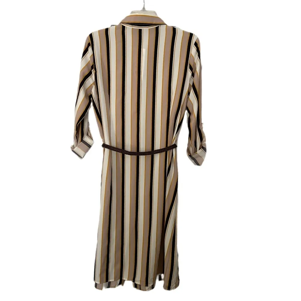 NY Collection Taupe and Navy Striped Long Sleeve Dress Business Casual Size PL - Image 3