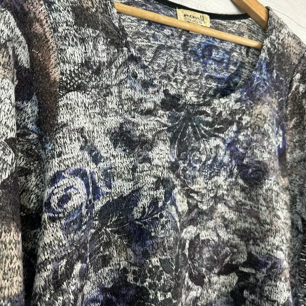 One World Women Large Lace Hem Knit Floral Sweater Tunic Artsy Hippie Lagenlook - Image 6