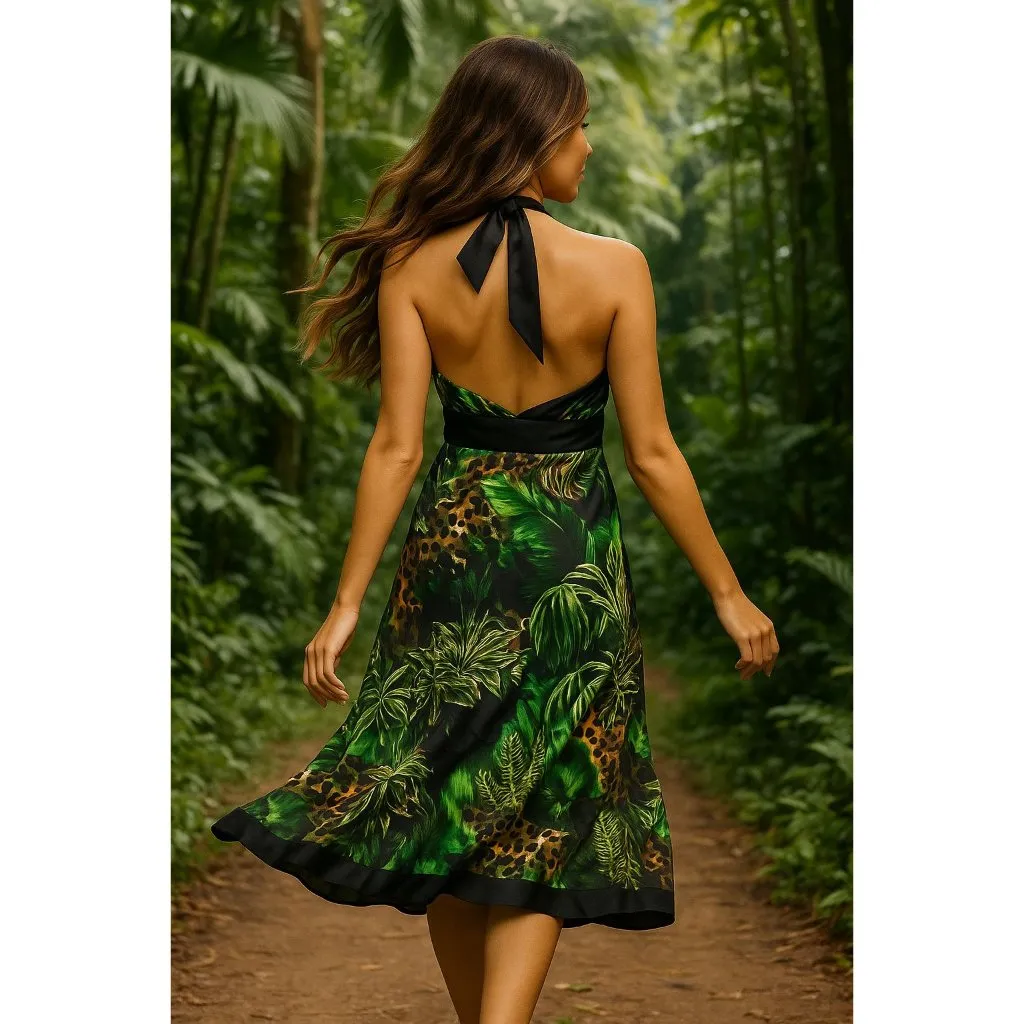 Cache Size Medium Green Jungle Print Silk Halter Dress Tropical Chic Resort Core - Image 4