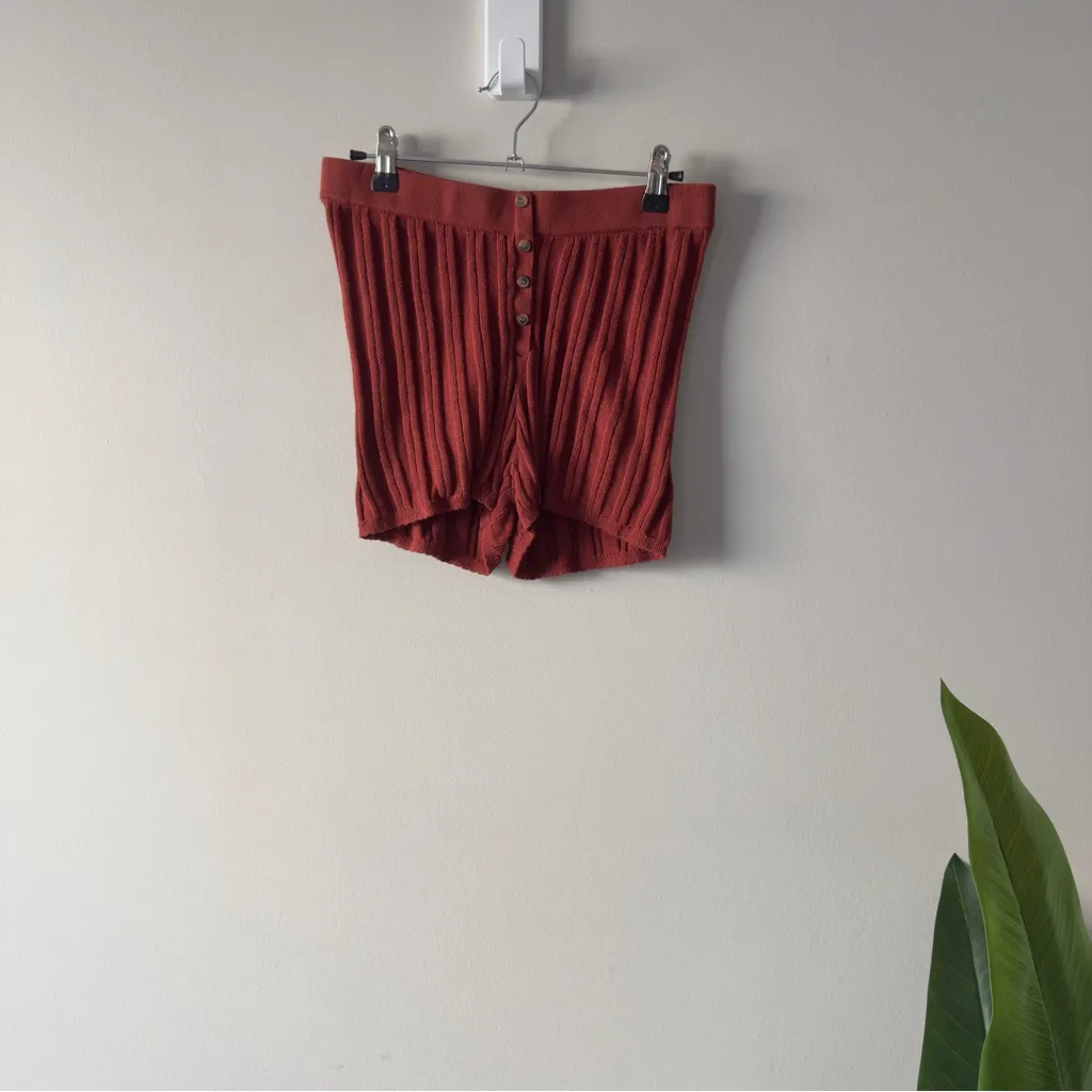 Anthropologie Ribbed Button-Up Shorts Rust cotton blend pull on stretch micro S - Image 3