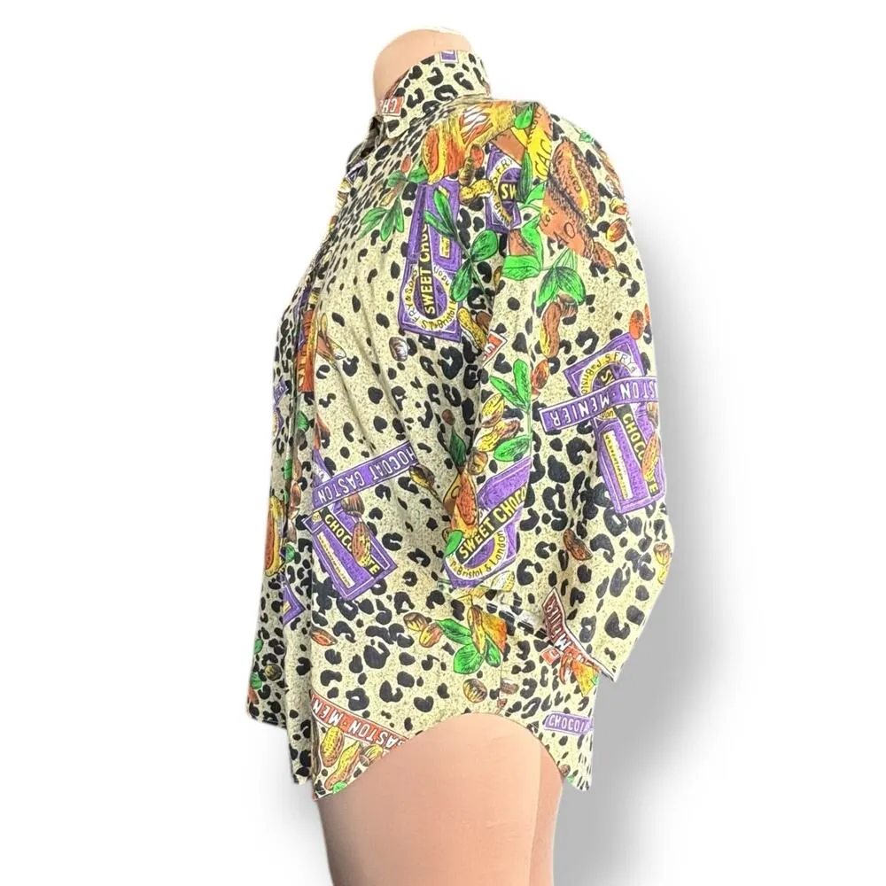 Vintage 90s KWBL Chocolate Nuts Candy Leopard Animal Print Shirt Novelty Medium Black - Image 4