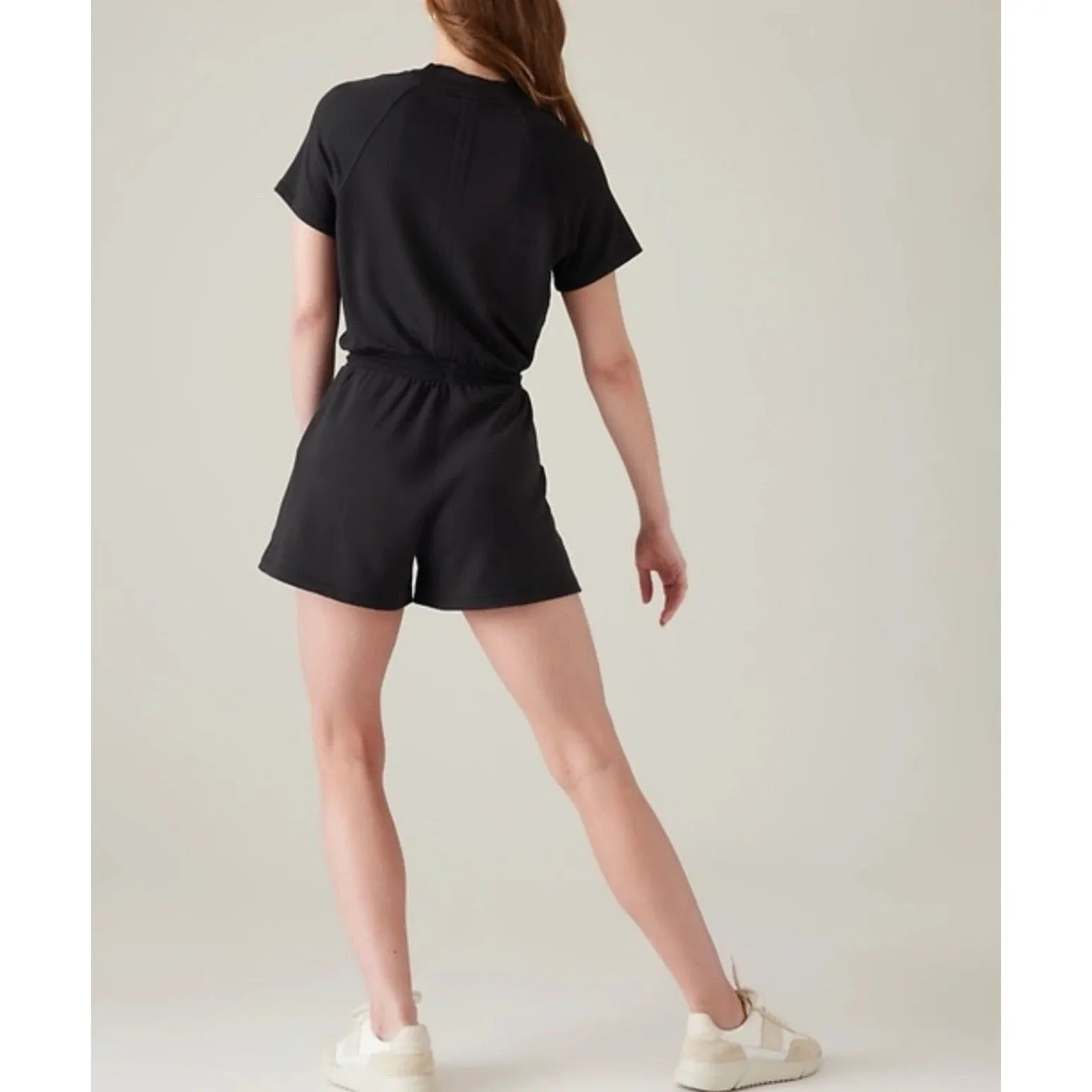 Athleta Balance Romper Women's Large Black Stretch Tie-Waist V-Neck Athleisure - Image 2