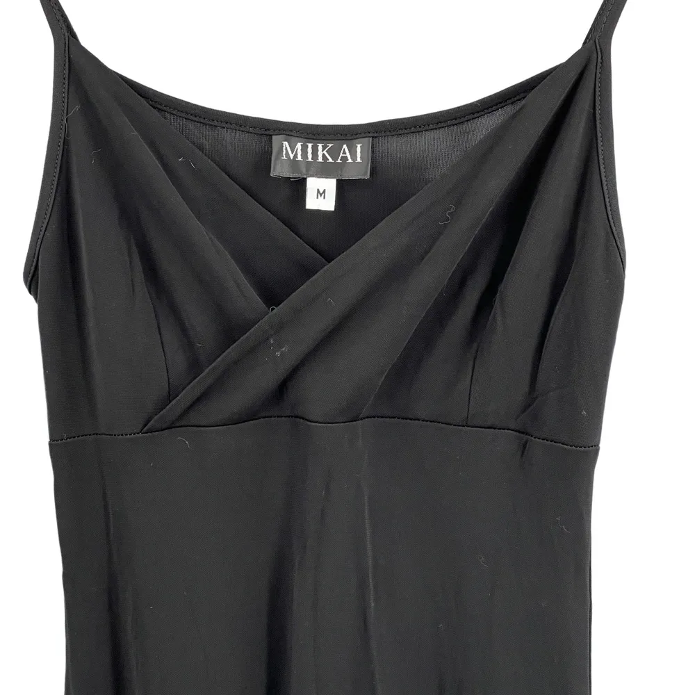 VTG Mikai Slip Dress Black Surplice Neckline Maxi Stretchy Elegant Size Medium - Image 4