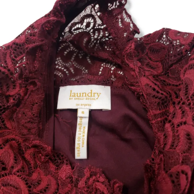 Laundry by Shelli Segal  Dress Size 6 Women's Lace Dress Long Sleeve Floral Lined Burgundy  - Image 5
