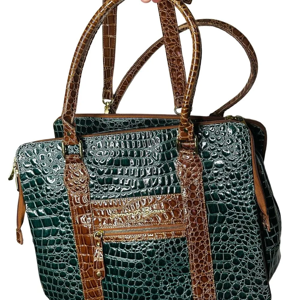 SAMANTHA Emerald Green Brown Croc Embossed Leather Three Compartment Travel Tote - Image 2