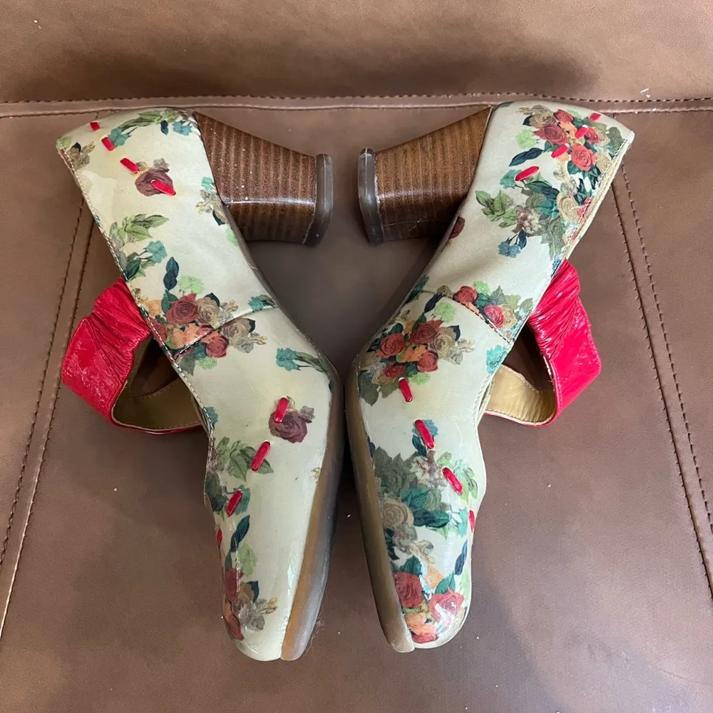 Fluevog Floral Mary Jane Heels with Red Strap - Image 5