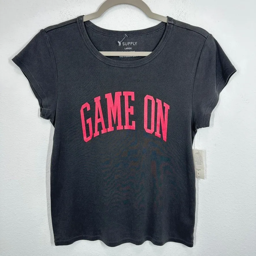 Z Supply Game On Cheeky Tee Charcoal Pink Graphic T Shirt Size Large NWT - Image 2