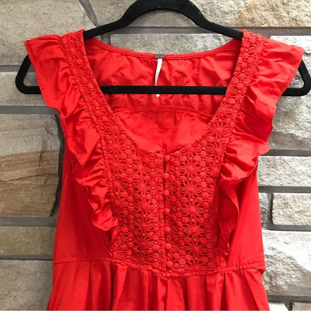 Free People Half Moon Ruffle Mini Dress Fit Flare Red Orange Small Valentines - Image 6