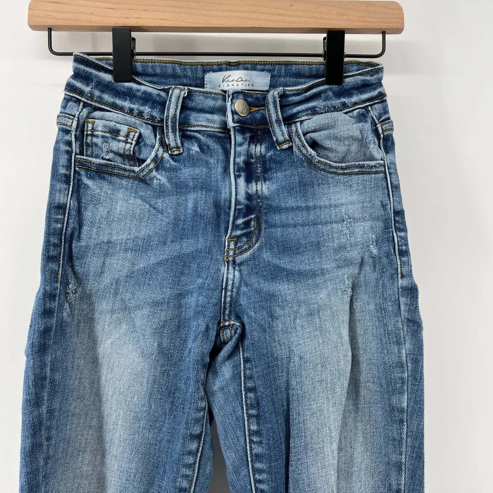 KanCan Women Size 24 Skinny Ankle Jeans Mid Rise‎ Distressed Hem Medium Wash Blue - Image 3