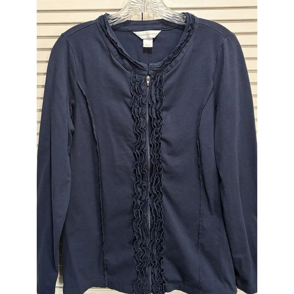 Christopher & Banks Blue Zip Up Long Sleeve Sweater Size Small Ruffle Raw Seams - Image 2