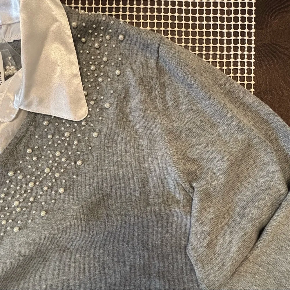 Quacker Factory  Gray Sweater with Pearl Details - Image 7