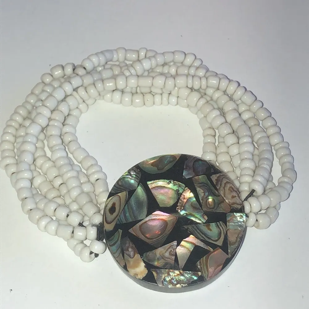 White Seed Beads Abalone Shell Beaded Boho Stretchy Multi Strand Bracelet - Image 3