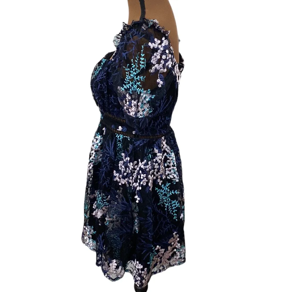 Lulus Radiant Love Black Multi Embroidered Short Sleeve Skater Floral Dress sz S - Image 5