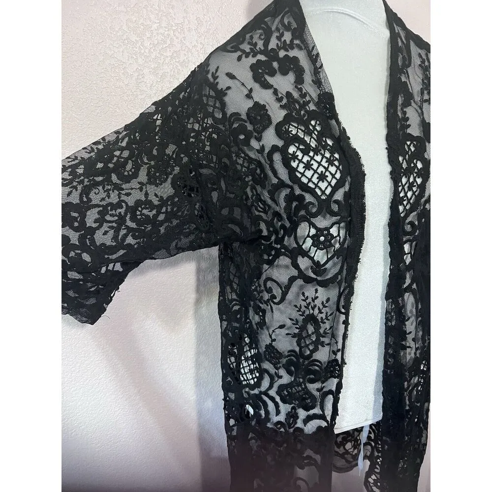 Mi Ami Boho Floral Lace Kimono Sleeve Embroidered Duster Sweater Black Size L Size L - Image 3