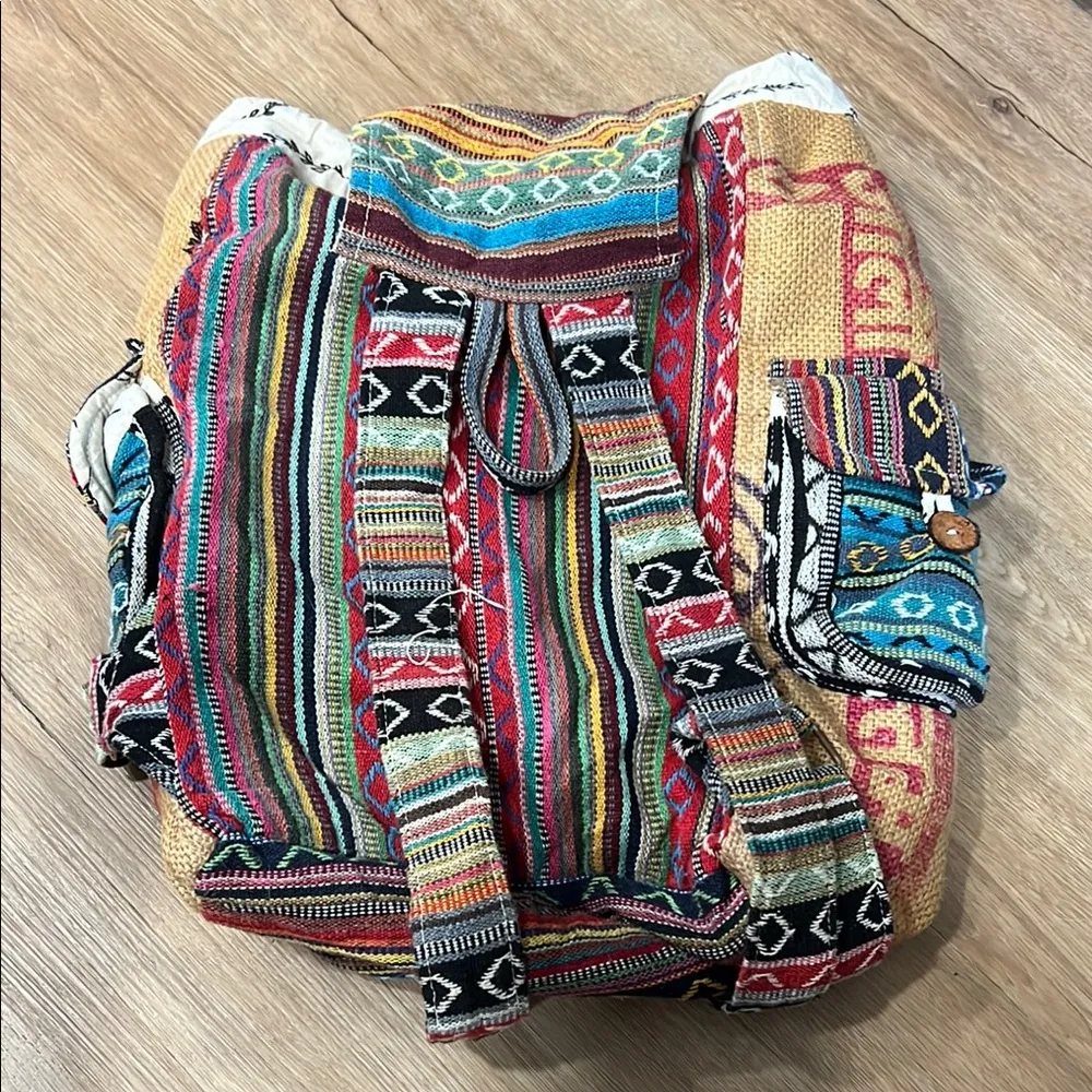 Rice Love Bohemian Patchwork Backpack with Colorful Stripes and Decorative Trims Black - Image 3