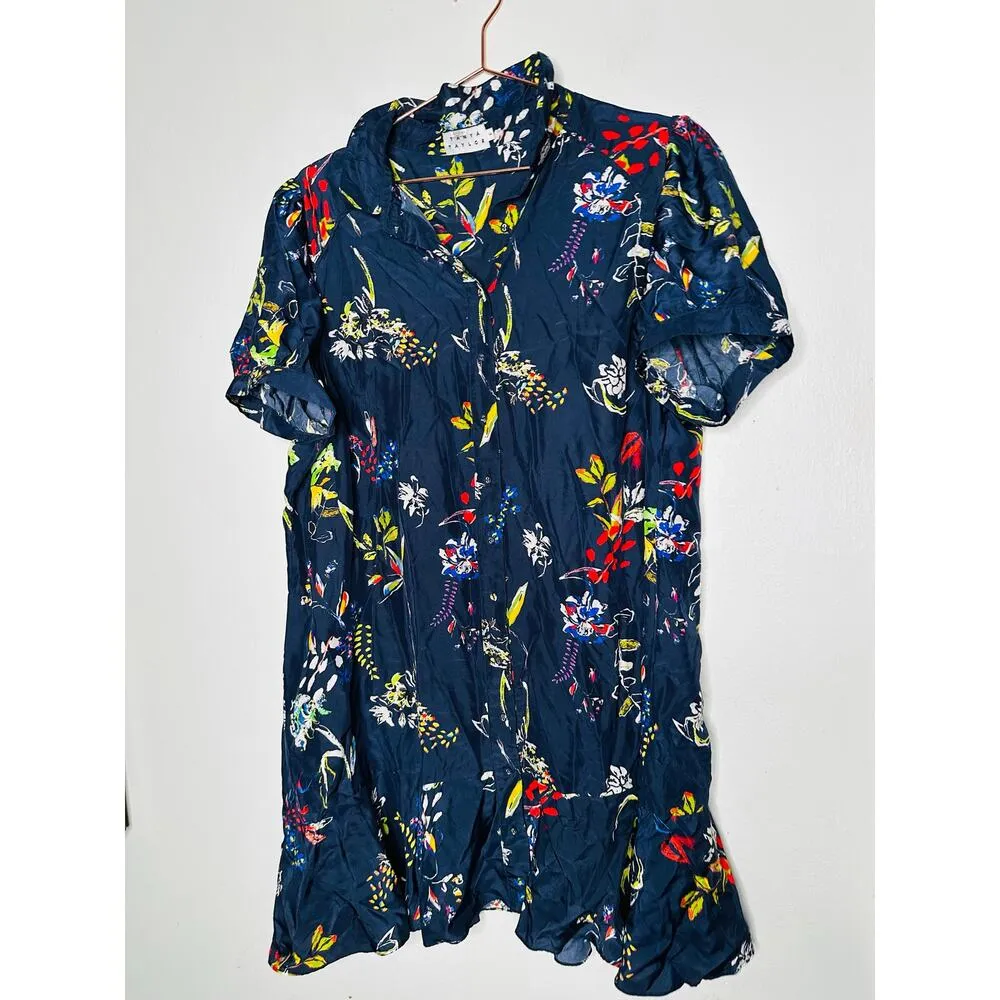 TANYA TAYLOR Navy Printed Floral Button Up Collared Aliciana Shirt Dress Size 14 - Image 5